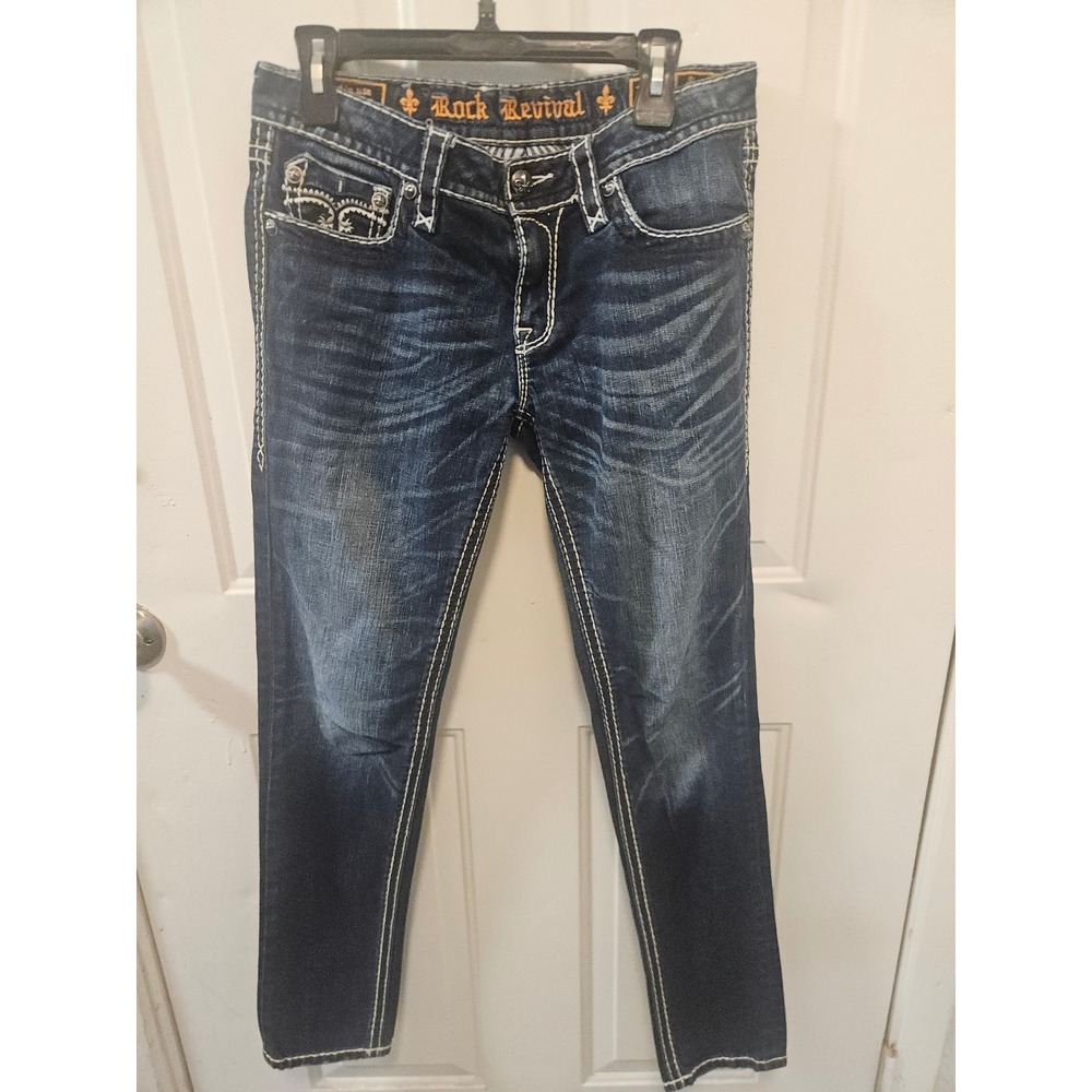 Rock Revival Sharon Skinny Jeans Dark Wash Embroidered Fleur De Lis Size 30
